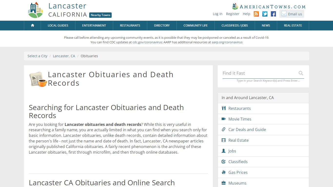 Obituaries Lancaster CA - Lancaster Death Records